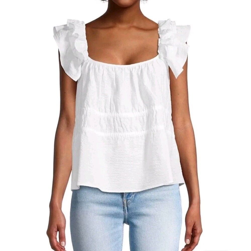 Harshman Alize White Linen Blend Seersucker Ruffle Sleeve Peplum Blouse XS NWT